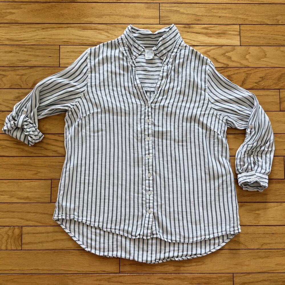 Sigrid Olsen 100% Linen Striped Button Down Blouse Women's Size 1X Long Sleeve